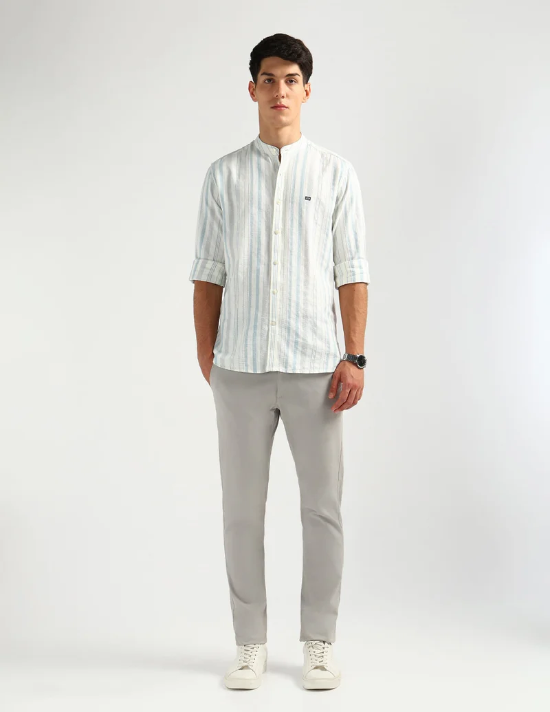 Arrow Blue Vertical Striped Mandarin Shirt for Men | Best Price UAE