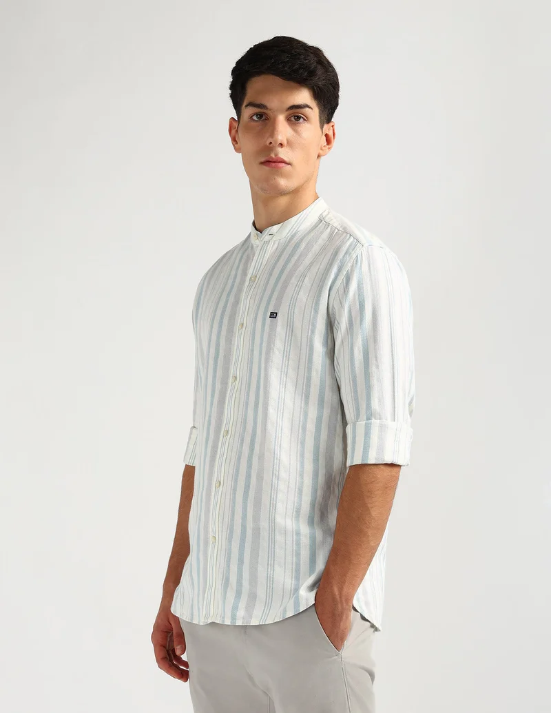 Arrow Blue Vertical Striped Mandarin Shirt for Men | Best Price UAE