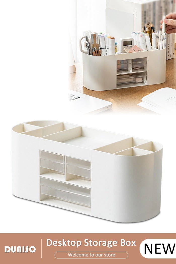 DUNISO منظم مكتب مع 3 أدراج حامل مستحضرات تجميل قلم رصاص متعدد الوظائف للمكتب، منظمات مكياج مكتبية وتخزين مع 7 مقصورات منظم سطح المكتب للوازم الفنية المنزلية والمكاتب - Image 1