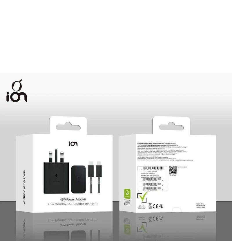 ion 45W Power Adapter with 1M USB-C to USB-C Cable 5A, Fast Wall Charger, Type-C Charger, UK Plug Power Adapter, Samsung Galaxy Charger, Android Charger, Tablet Charger, USB-C Cable, Fast Charging Cable, Smart Device Charger for Home and Office Use - Image 1