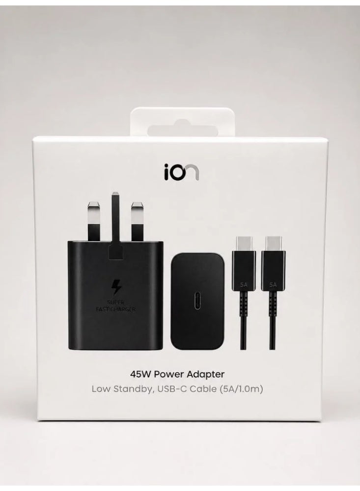 ion 45W Power Adapter with 1M USB-C to USB-C Cable 5A, Fast Wall Charger, Type-C Charger, UK Plug Power Adapter, Samsung Galaxy Charger, Android Charger, Tablet Charger, USB-C Cable, Fast Charging Cable, Smart Device Charger for Home and Office Use - Image 2