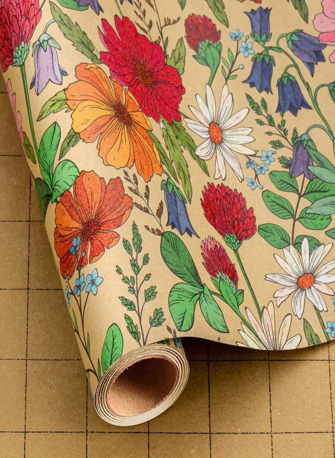 MAYPLUSS Kraft Floral Wrapping Paper Roll, Wildflower Wrapping Paper for Girl Women, Vintage Colorful Flower Gift Wrap for Wedding Birthday, Mother's Day, All Occasions (Mini Roll, 17 In X 16.5 Ft - Image 1