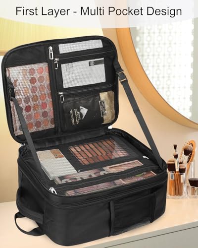 TANTO Makeup Backpack Makeup Artist Bag Professional Extra Large Cosmetic Bag Travel Train Case Storage Organizer Double-Layer Large Capacity Cosmetic Case with 4 Pouch(Black) - Image 2