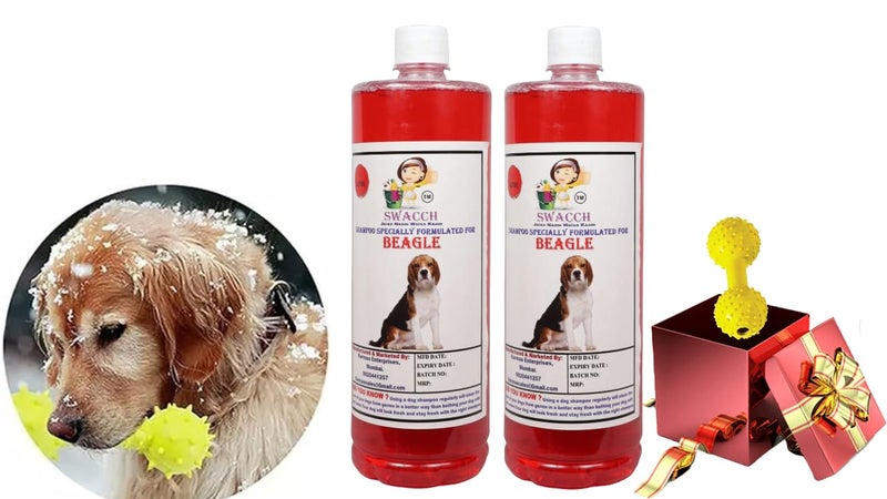 swacch Beagle Dog Shampoo + Dumbbell Toy I Durable Rubber Dog Toy for Chewing I Playing,Teeth Cleaning & Training Toy I Combo Pack I 1 Litre Pack of 2 Strawberry - Image 1