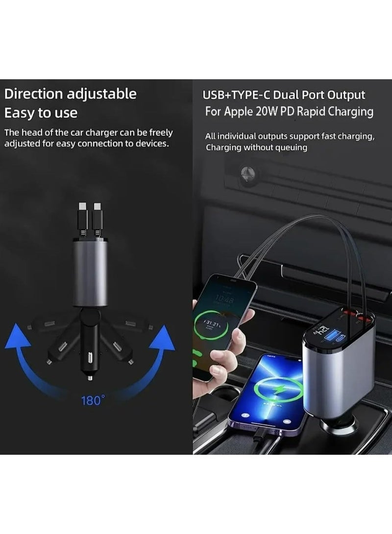 alayjah 1 Year Warranty 120W Super Fast Smart Car Charger with PD USB 4 in 1 Retractable Cable Retractable Cable (31.5 Inch) And 3 Usb Ports Car Charger Adapter Type-C & Lightning Cables for All Devices  +Gift,2x USB-A and 1x USB-C - Image 3