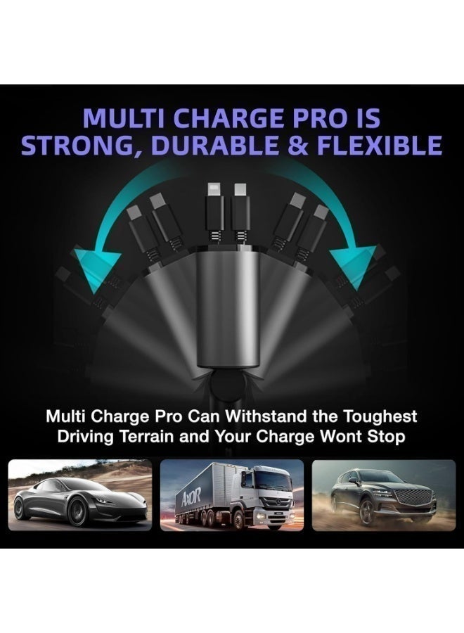 alayjah 1 Year Warranty 120W Super Fast Smart Car Charger with PD USB 4 in 1 Retractable Cable Retractable Cable (31.5 Inch) And 3 Usb Ports Car Charger Adapter Type-C & Lightning Cables for All Devices  +Gift,2x USB-A and 1x USB-C - Image 4