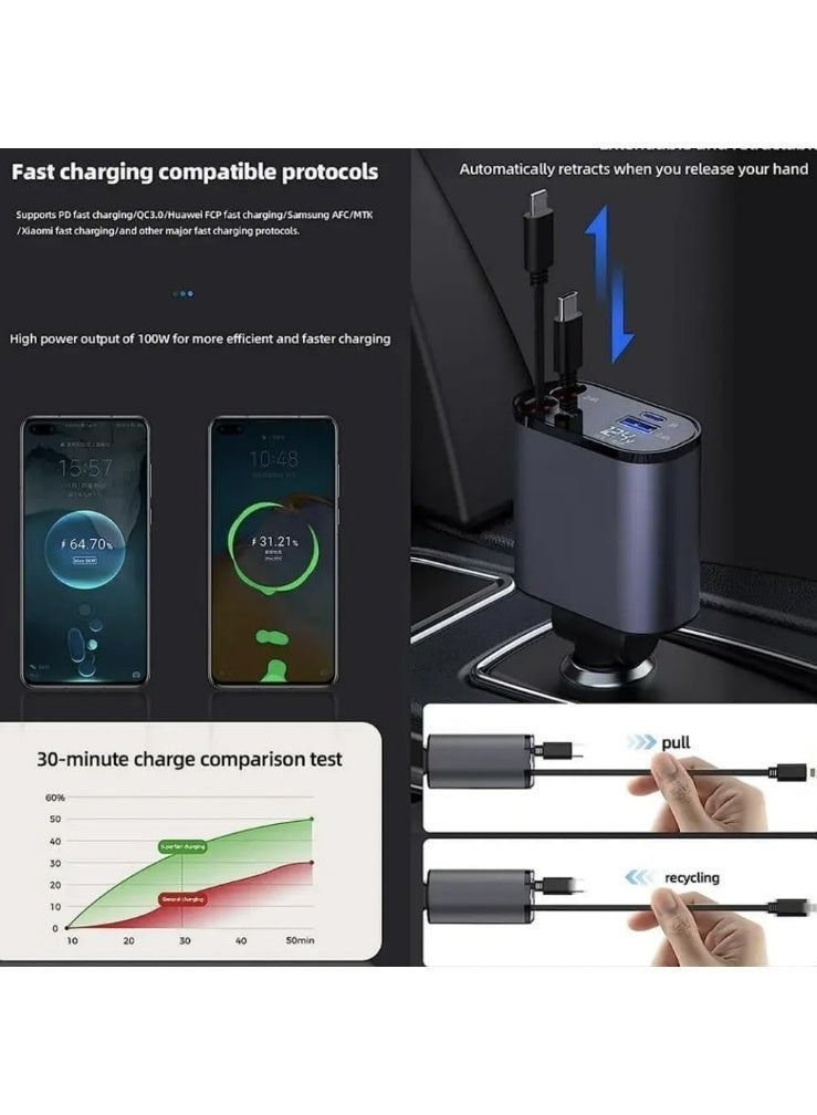 alayjah 1 Year Warranty 120W Super Fast Smart Car Charger with PD USB 4 in 1 Retractable Cable Retractable Cable (31.5 Inch) And 3 Usb Ports Car Charger Adapter Type-C & Lightning Cables for All Devices  +Gift,2x USB-A and 1x USB-C - Image 5