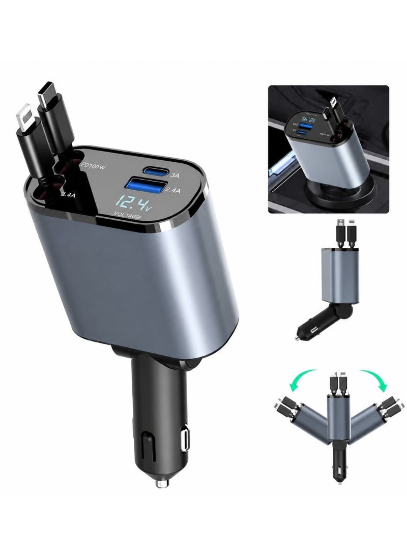 alayjah 1 Year Warranty 120W Super Fast Smart Car Charger with PD USB 4 in 1 Retractable Cable Retractable Cable (31.5 Inch) And 3 Usb Ports Car Charger Adapter Type-C & Lightning Cables for All Devices  +Gift,2x USB-A and 1x USB-C 10500090 - Image 4