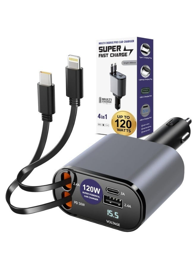 alayjah 1 Year Warranty 120W Super Fast Smart Car Charger with PD USB 4 in 1 Retractable Cable Retractable Cable (31.5 Inch) And 3 Usb Ports Car Charger Adapter Type-C & Lightning Cables for All Devices  +Gift,2x USB-A and 1x USB-C 10500090 - Image 1
