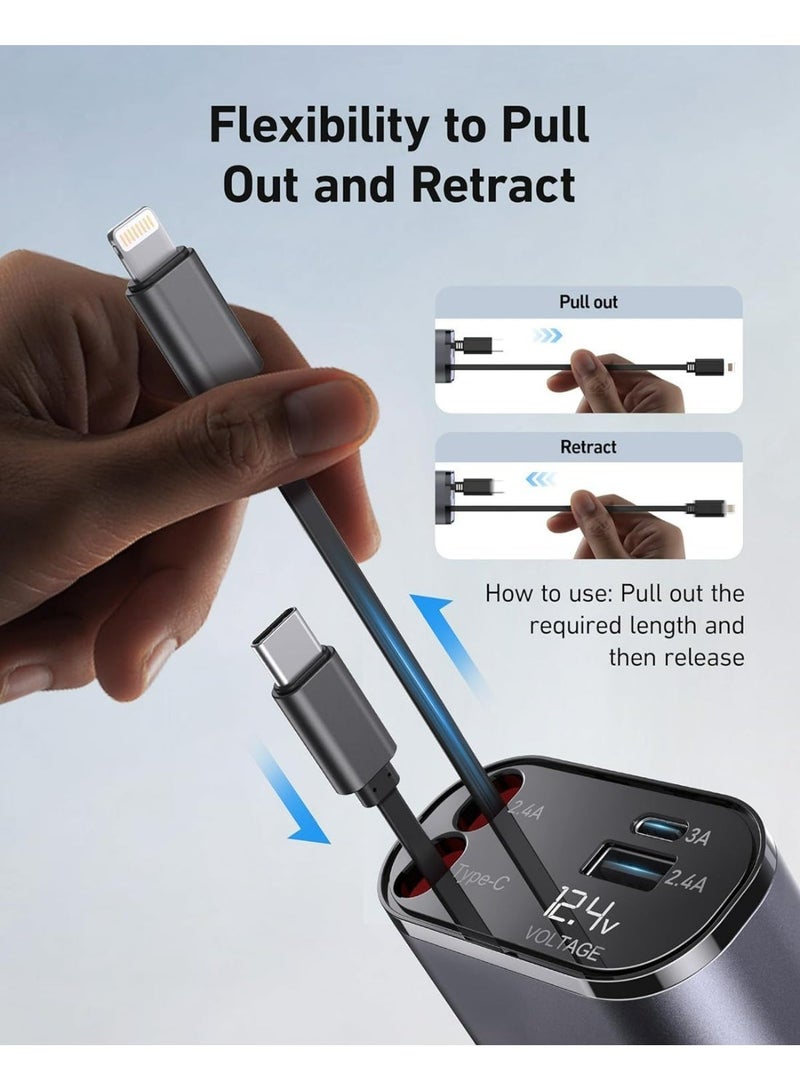 alayjah 1 Year Warranty 120W Super Fast Smart Car Charger with PD USB 4 in 1 Retractable Cable Retractable Cable (31.5 Inch) And 3 Usb Ports Car Charger Adapter Type-C & Lightning Cables for All Devices  +Gift,2x USB-A and 1x USB-C 10500090 - Image 5