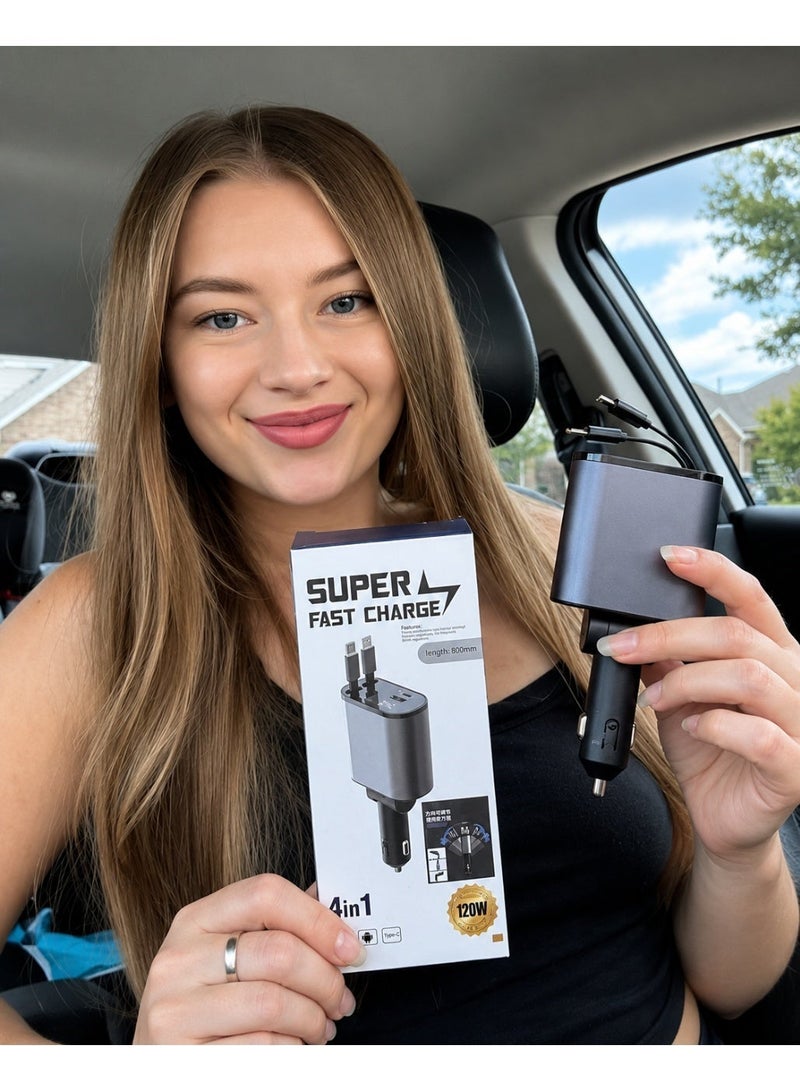 alayjah 1 Year Warranty 120W Super Fast Smart Car Charger with PD USB 4 in 1 Retractable Cable Retractable Cable (31.5 Inch) And 3 Usb Ports Car Charger Adapter Type-C & Lightning Cables for All Devices  +Gift,2x USB-A and 1x USB-C 10500090 - Image 3