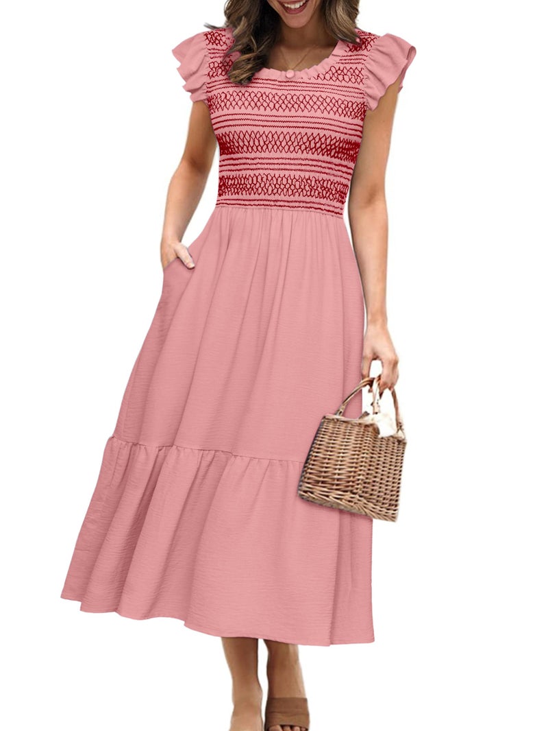 Simplee Apparel Simplee Womens Summer Midi Dress Casual Boho Smocked Waist Flutter Sleeve A Line Flowy Tiered Dress with Pockets Pink - Image 1