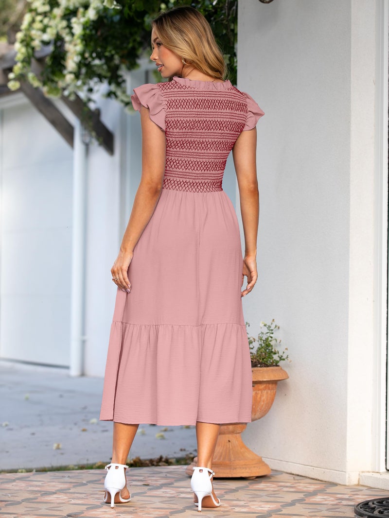 Simplee Apparel Simplee Womens Summer Midi Dress Casual Boho Smocked Waist Flutter Sleeve A Line Flowy Tiered Dress with Pockets Pink - Image 3