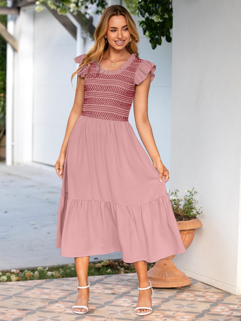 Simplee Apparel Simplee Womens Summer Midi Dress Casual Boho Smocked Waist Flutter Sleeve A Line Flowy Tiered Dress with Pockets Pink - Image 4