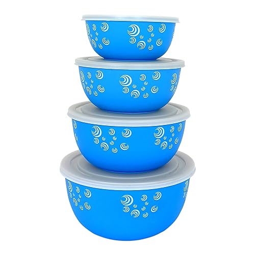 Zaib Microwave Safe Stainless Steel Mixing Bowl Set of 4 with Lids | Airtight Food Storage Containers | Kitchen Serving, Reheating & Snack Bowls (Blue Spiral Set 4) - Image 1