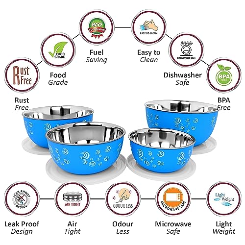 Zaib Microwave Safe Stainless Steel Mixing Bowl Set of 4 with Lids | Airtight Food Storage Containers | Kitchen Serving, Reheating & Snack Bowls (Blue Spiral Set 4) - Image 2