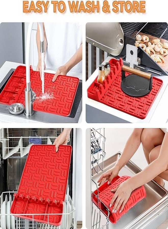 Istara Kitchen Spatula Rack Utensil Rest with Drip Pad Kitchen BBQ Grill Tools Silicone Griddle Tools Mat Spatula Mat Anti-Scald Utensil Rest Griddle Mat for Kitchen, Cooking, Countertop (Red) - Image 5