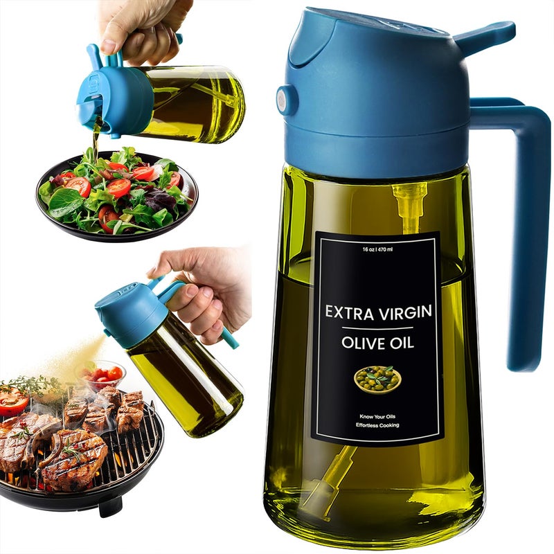 CXINYI - 16oz/470ml Olive Oil Dispenser for Kitchen with Stickers - 2 in 1 Olive Oil Sprayer for Cooking, Air Fryer, and Salad, Blue (Light-Proof Kitchen Gadget) - Image 1