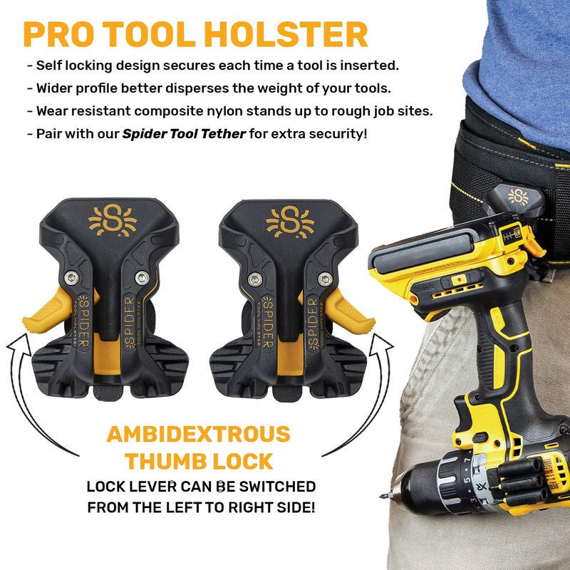 Spider Pro Tool Holster - Upgraded, Self Locking, Quick Draw Universal Tool Holder with Ambidextrous Thumb Lock - Clips onto Any Belt - Image 3