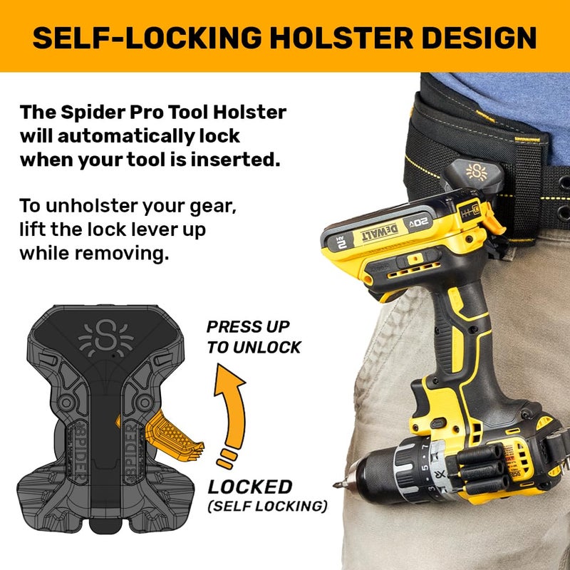 Spider Pro Tool Holster - Upgraded, Self Locking, Quick Draw Universal Tool Holder with Ambidextrous Thumb Lock - Clips onto Any Belt - Image 4