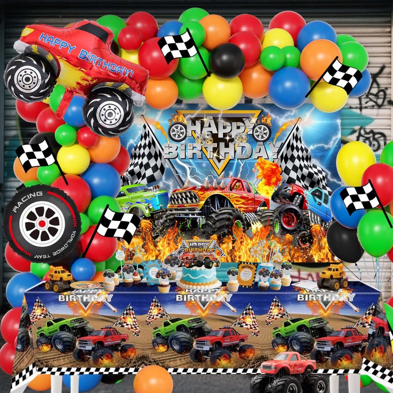 jenlion Monster Truck Birthday Decorations for Boys, Extreme Off-Road Racing Party Supplies Include "Happy Birthday" Backdrop, Balloon Arch Garland, Tablecloth, Cake Toppers, Truck and Tire Foil Balloons - Image 1
