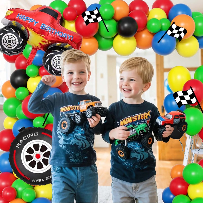 jenlion Monster Truck Birthday Decorations for Boys, Extreme Off-Road Racing Party Supplies Include "Happy Birthday" Backdrop, Balloon Arch Garland, Tablecloth, Cake Toppers, Truck and Tire Foil Balloons - Image 4