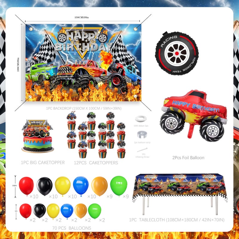 jenlion Monster Truck Birthday Decorations for Boys, Extreme Off-Road Racing Party Supplies Include "Happy Birthday" Backdrop, Balloon Arch Garland, Tablecloth, Cake Toppers, Truck and Tire Foil Balloons - Image 2