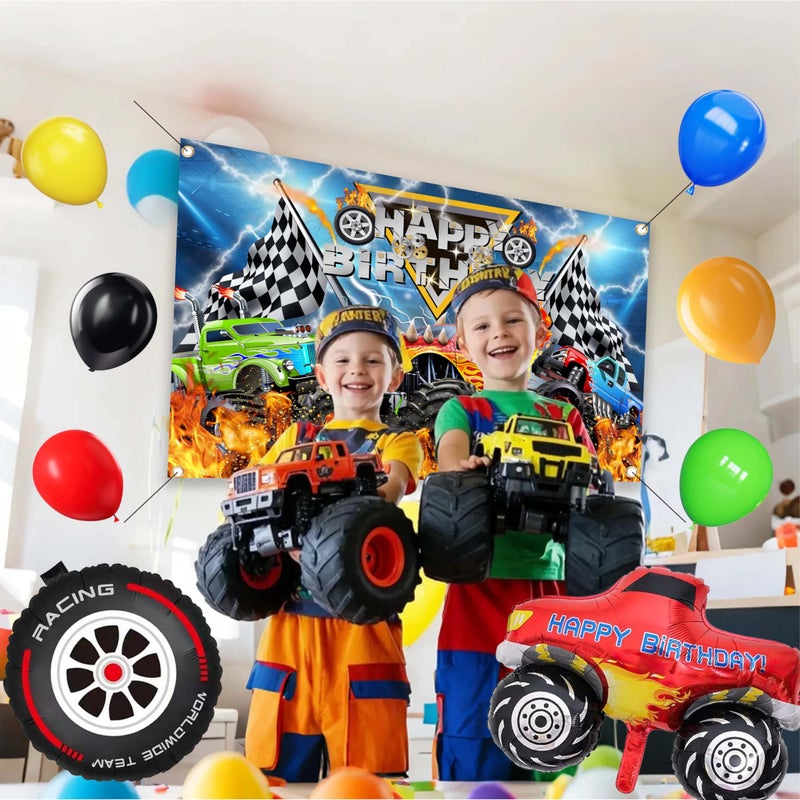 jenlion Monster Truck Birthday Decorations for Boys, Extreme Off-Road Racing Party Supplies Include "Happy Birthday" Backdrop, Balloon Arch Garland, Tablecloth, Cake Toppers, Truck and Tire Foil Balloons - Image 5