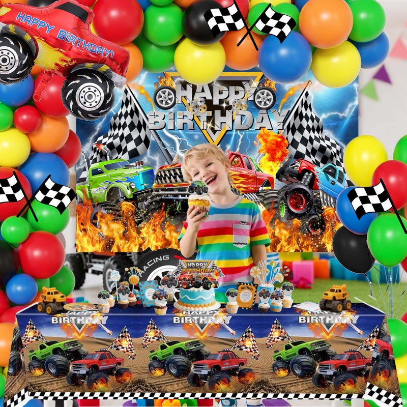 jenlion Monster Truck Birthday Decorations for Boys, Extreme Off-Road Racing Party Supplies Include "Happy Birthday" Backdrop, Balloon Arch Garland, Tablecloth, Cake Toppers, Truck and Tire Foil Balloons - Image 3