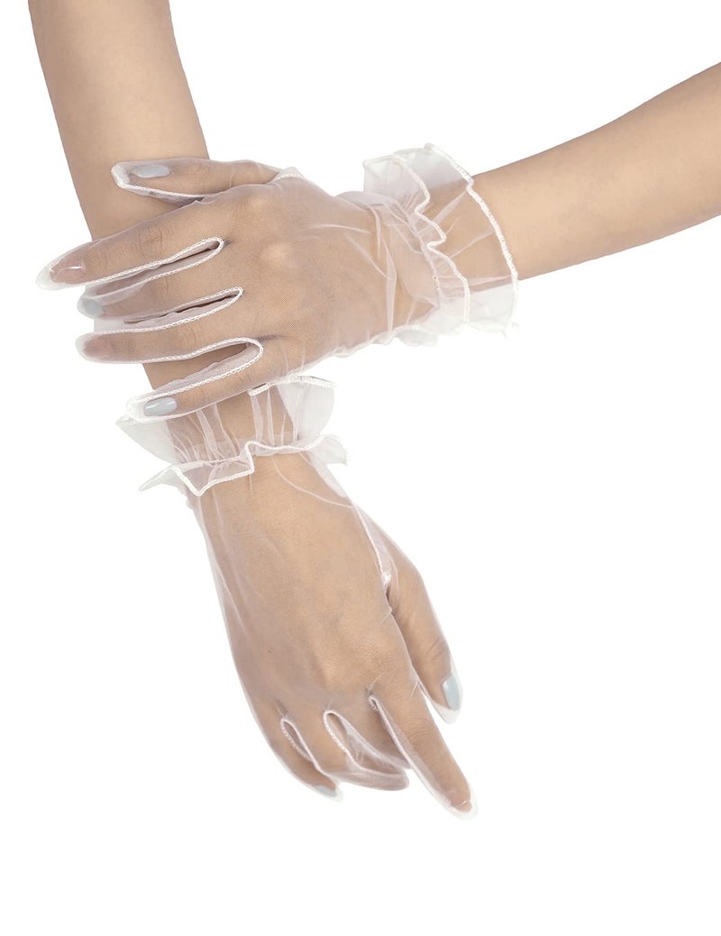 QRBTSCL Women's Short Mesh Gloves Ruffled Tulle Wedding Party Gloves Short Prom Evening Glove Ivory - Image 1