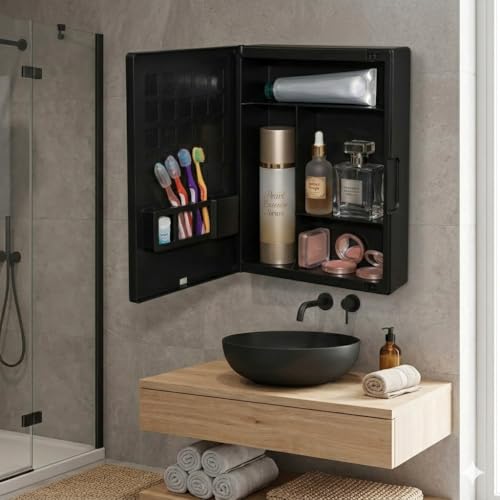 BRANCO New Rich Look Bathroom Cabinet with Mirror | Storage Organiser | Strong Plastic Bathroom Shelves Wall Mounted | Bathroom Accessories| Mirror Cabinet- (Black) - Image 3