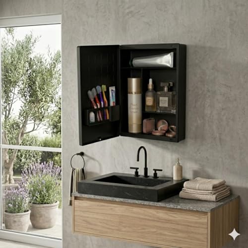 BRANCO New Rich Look Bathroom Cabinet with Mirror | Storage Organiser | Strong Plastic Bathroom Shelves Wall Mounted | Bathroom Accessories| Mirror Cabinet- (Black) - Image 2