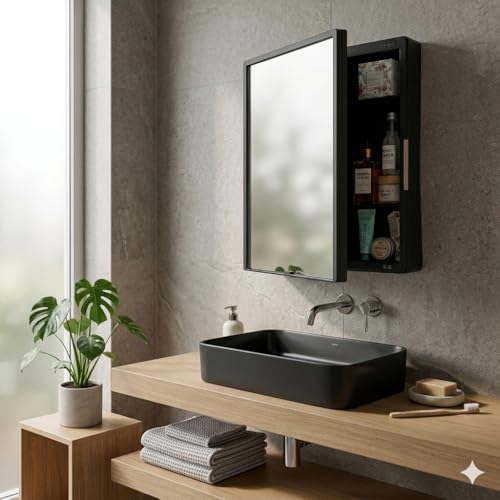 BRANCO New Rich Look Bathroom Cabinet with Mirror | Storage Organiser | Strong Plastic Bathroom Shelves Wall Mounted | Bathroom Accessories| Mirror Cabinet- (Black) - Image 1