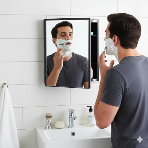 BRANCO New Rich Look Bathroom Cabinet with Mirror | Storage Organiser | Strong Plastic Bathroom Shelves Wall Mounted | Bathroom Accessories| Mirror Cabinet- (Black) - Image 5