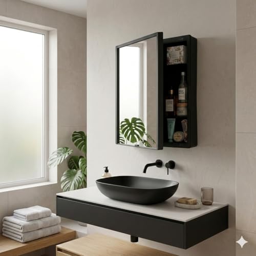 BRANCO New Rich Look Bathroom Cabinet with Mirror | Storage Organiser | Strong Plastic Bathroom Shelves Wall Mounted | Bathroom Accessories| Mirror Cabinet- (Black) - Image 4