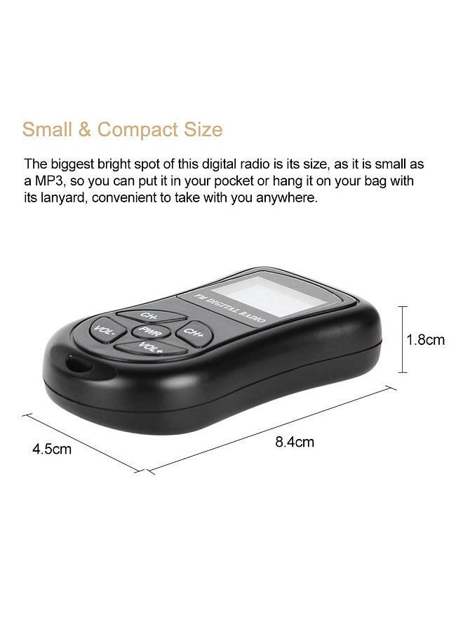 KDKA-600 Mini FM Stereo Radio Portable Digital DSP Receiver with 1.15 Inch LCD Display Screen Lanyard 60-108MHz Receiving Frequency Black