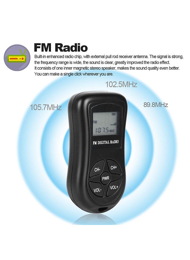 KDKA-600 Mini FM Stereo Radio Portable Digital DSP Receiver with 1.15 Inch LCD Display Screen Lanyard 60-108MHz Receiving Frequency Black