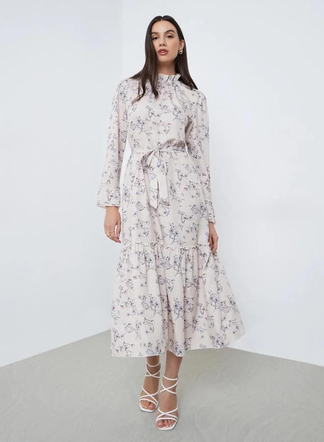 Take Two Take Two Beige Floral Printed Tie Waist Maxi Dress