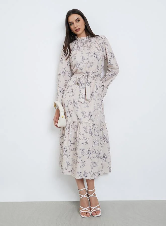Take Two Take Two Beige Floral Printed Tie Waist Maxi Dress