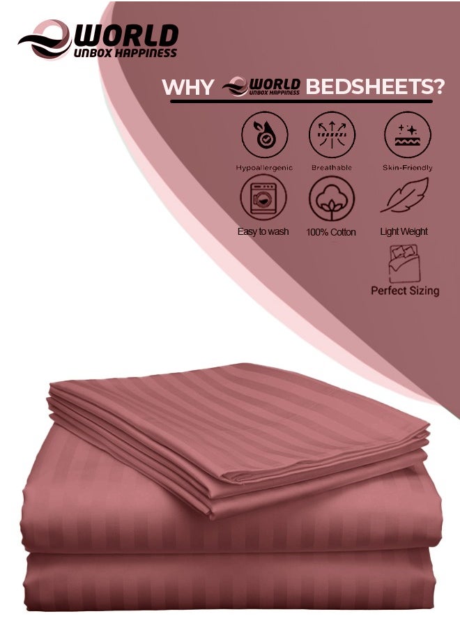 3 Piece Luxury Maroon Striped Bed Sheet Set with 1 Flat Sheet and 2 Pillowcases for Hotel and Home Crafted from Ultra Soft and Breathable Cotton for Year-Round Comfort, (Single/Double)