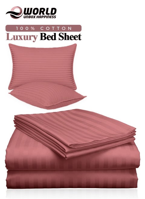 3 Piece Luxury Maroon Striped Bed Sheet Set with 1 Flat Sheet and 2 Pillowcases for Hotel and Home Crafted from Ultra Soft and Breathable Cotton for Year-Round Comfort, (Single/Double)