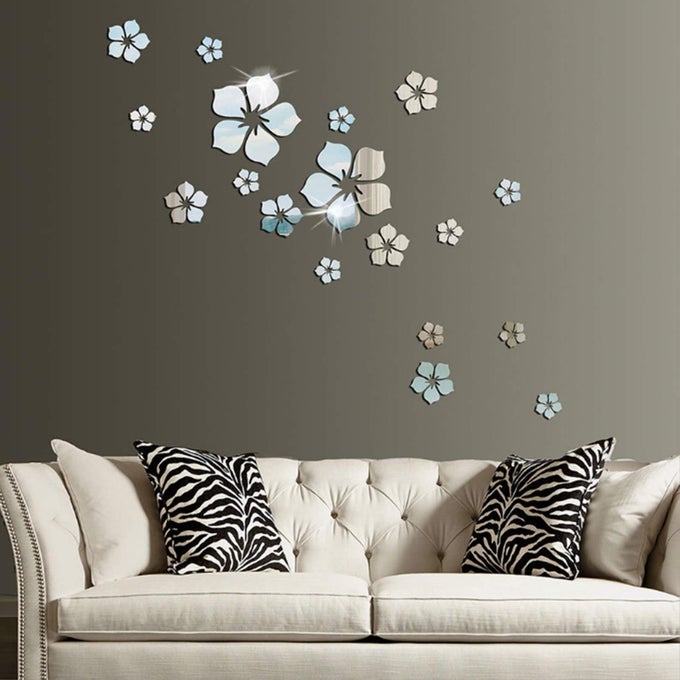 18PCS ACRYLIC MIRROR WALL STICKER DECAL FOR HOME LIVING ROOM BEDROOM DECOR 3D FLOWER DIY WALL DECORATION SILVER