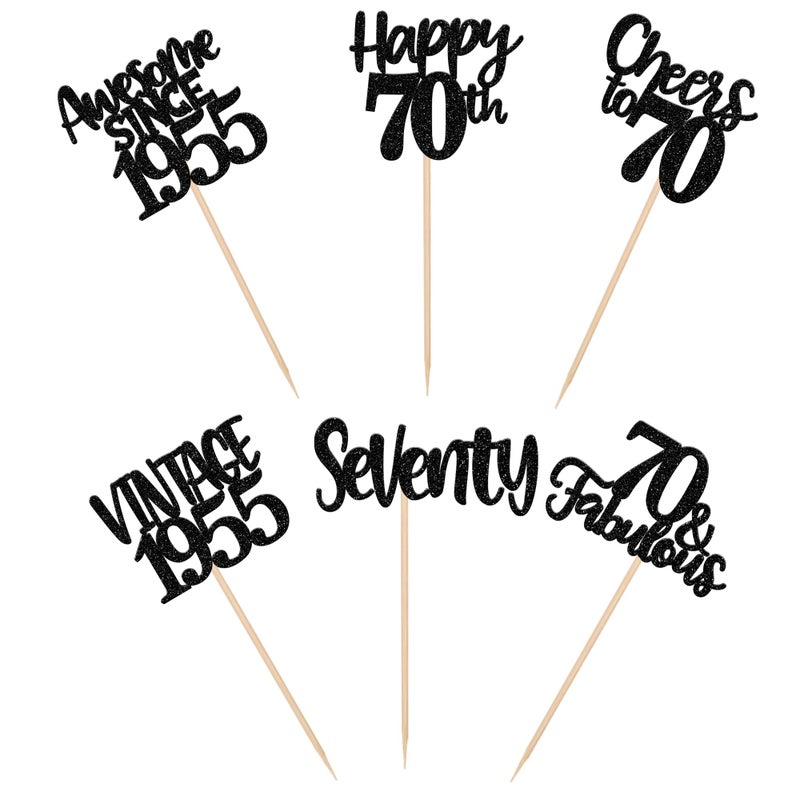 RSSTARXI 24 Pack Vintage 1955 Cupcake Toppers Black Glitter Happy 70 Heaits to 70 70 و 70 Cupcake رائعة لزواج أعياد الميلاد السبع الـ 70 - Image 3