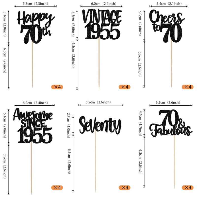 RSSTARXI 24 Pack Vintage 1955 Cupcake Toppers Black Glitter Happy 70 Heaits to 70 70 و 70 Cupcake رائعة لزواج أعياد الميلاد السبع الـ 70 - Image 2