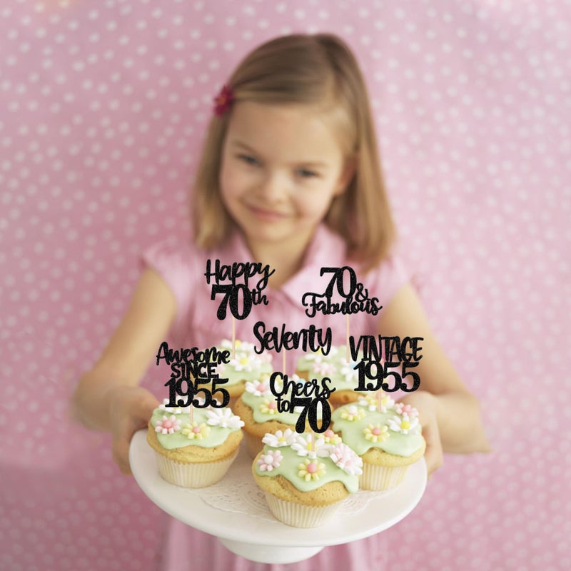 RSSTARXI 24 Pack Vintage 1955 Cupcake Toppers Black Glitter Happy 70 Heaits to 70 70 و 70 Cupcake رائعة لزواج أعياد الميلاد السبع الـ 70 - Image 4