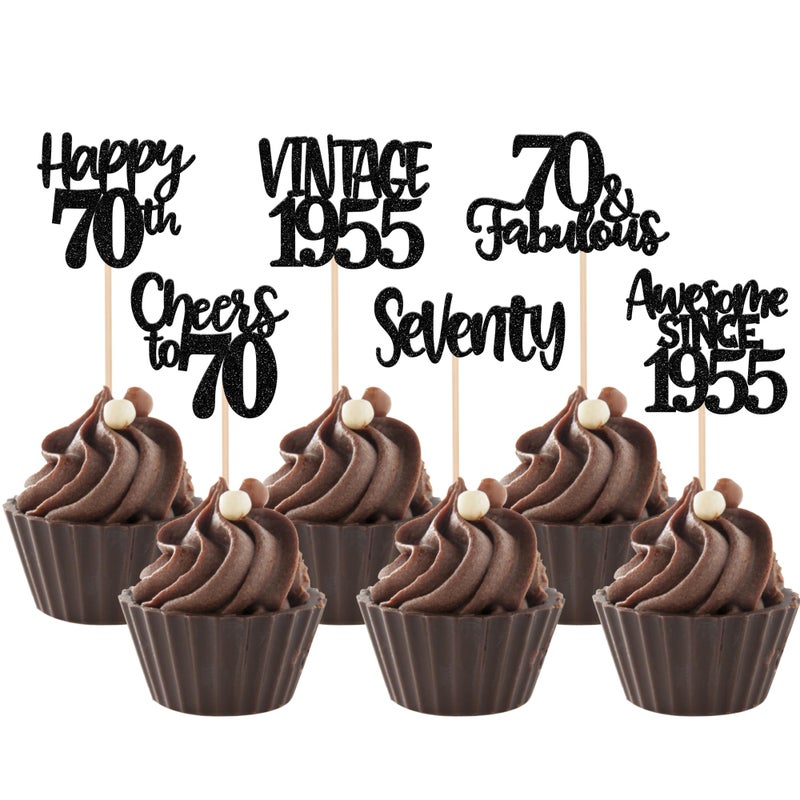 RSSTARXI 24 Pack Vintage 1955 Cupcake Toppers Black Glitter Happy 70 Heaits to 70 70 و 70 Cupcake رائعة لزواج أعياد الميلاد السبع الـ 70 - Image 1