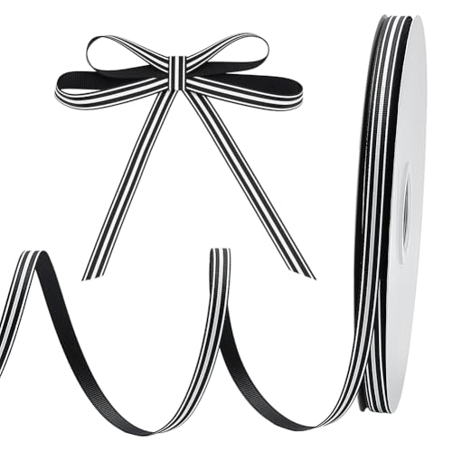 PH PandaHall 100 Yards 38 Stripe Styles Ribbons Grosgrain Satin Fabric Ribbon for Gift Wrapping Floral Arrangements Hair Bows Sewing Wedding Party Decoration Black White - Image 1