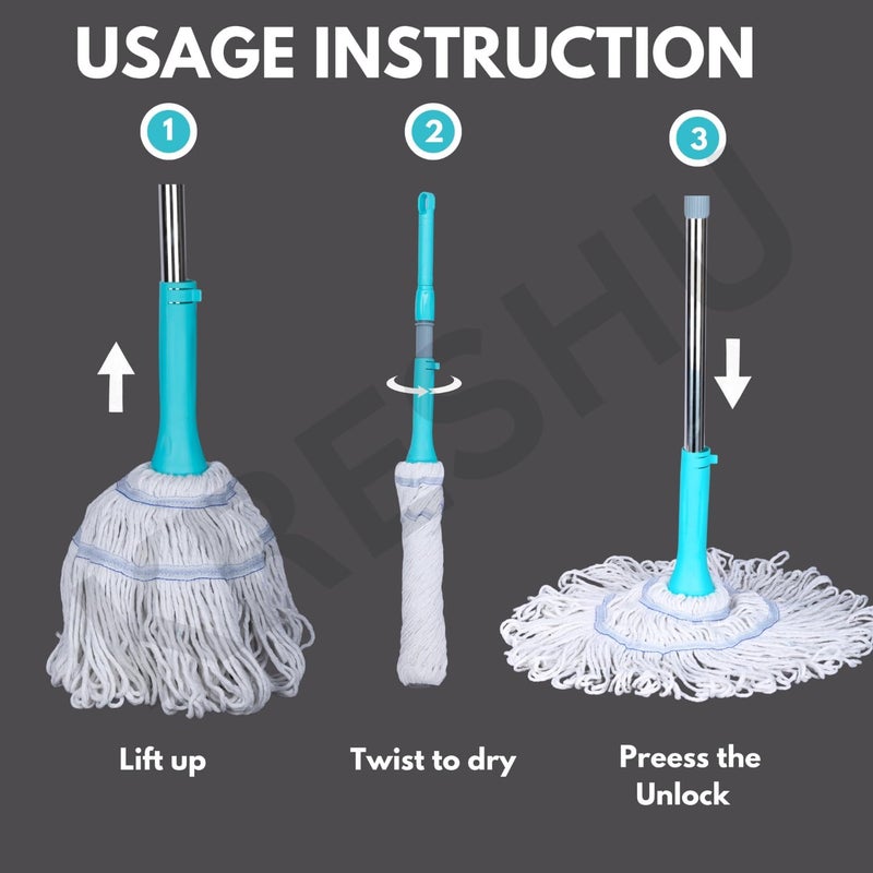 KRESHU Turkiy Handle Twist Mop Quick Dry Easy Self Wringing String Mop Microfiber Handle Dust Removal Wet & Dry Floor Cleaning Mop Adjustable Height Super Absorbent Rotating Hands Free Mop (Pack of 1) - Image 5