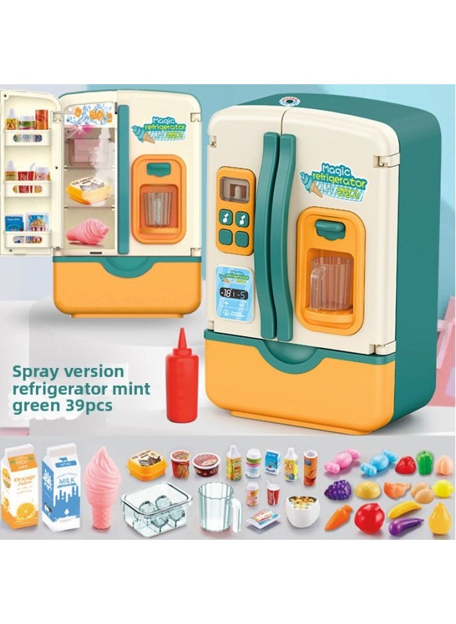 Children's Simulated Kitchen Appliances Ice Spray Refrigerator Toy Suitable For Girls Boys Birthday Gift-Color:[English Packaging] [Spray] Ice Light Music Refrigerator-Mint Green  - Image 1