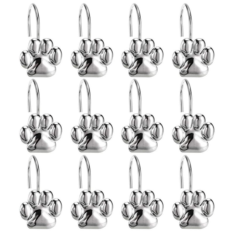 JUXYES JUXYES Pack of 12 Cat Paw Print Decorative Shower Curtain Hook Footprints Roller Glide Shower Curtain Hooks Polished Chrome Shower Rings for Bathroom Shower Curtain Rod 